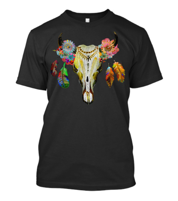Bohemian Sr Boho Desert Chic Colorful Floral Feather Cattle Cow Skull T-Shirt