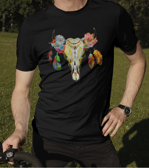 Bohemian Sr Boho Desert Chic Colorful Floral Feather Cattle Cow Skull T-Shirt
