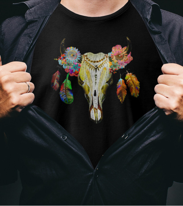 Bohemian Sr Boho Desert Chic Colorful Floral Feather Cattle Cow Skull T-Shirt
