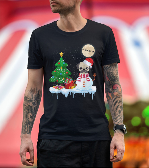 Premium T-Shirt: Pug Snowman Christmas Tree Santa Hat Moon Santa Sleigh T-Shirt Pug Snowman Christmas Tree Santa Hat Moon Santa Sleigh T-Shirt