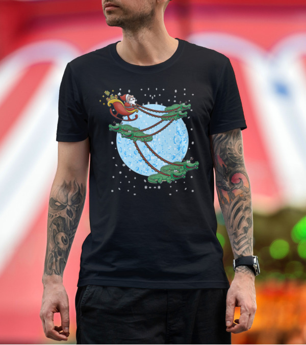 Premium T-Shirt: Santa Claus on Alligator-Drawn Sleigh Across Moonlit Sky T-Shirt Santa Claus on Alligator-Drawn Sleigh Across Moonlit Sky T-Shirt