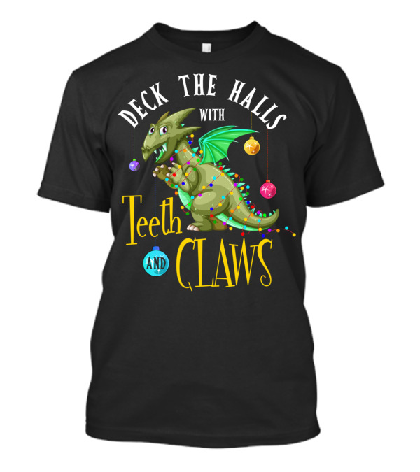 Deck The Halls With Teeth And Claws Dinosaur Holiday Lights T-Shirt