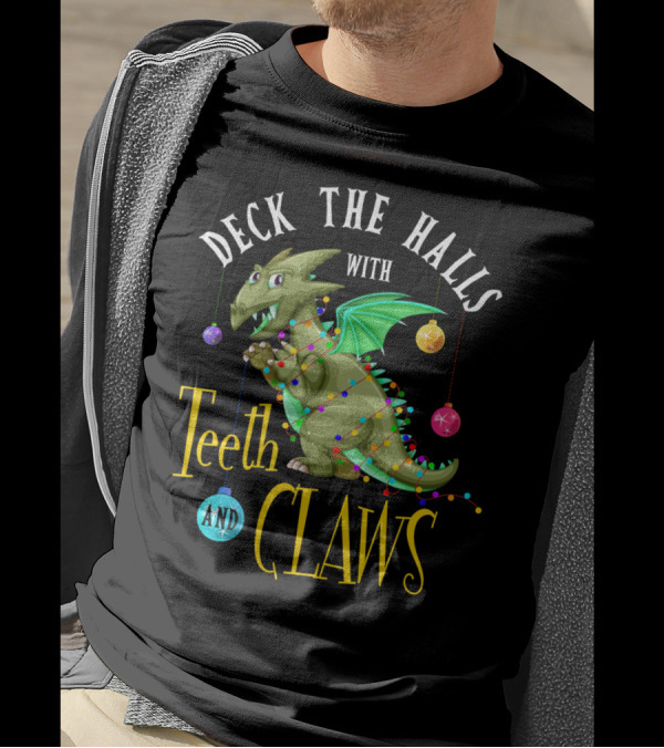 Deck The Halls With Teeth And Claws Dinosaur Holiday Lights T-Shirt