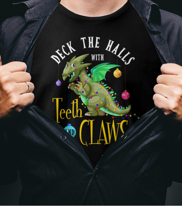 Deck The Halls With Teeth And Claws Dinosaur Holiday Lights T-Shirt