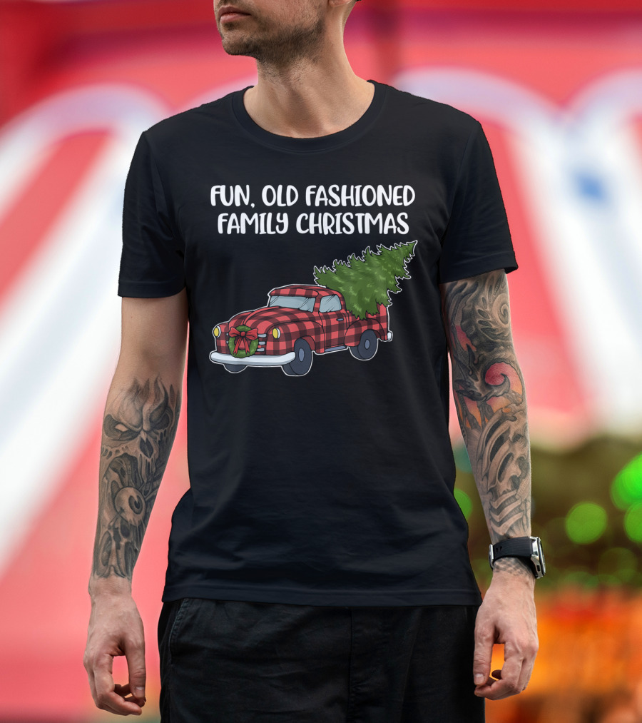 Fun Old Fashioned Family Christmas Plaid Truck with Tree T-Shirt