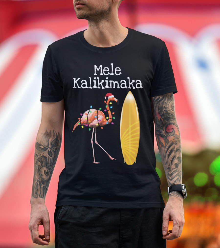 Mele Kalikimaka Flamingo Christmas Surfboard Hawaiian T-Shirt