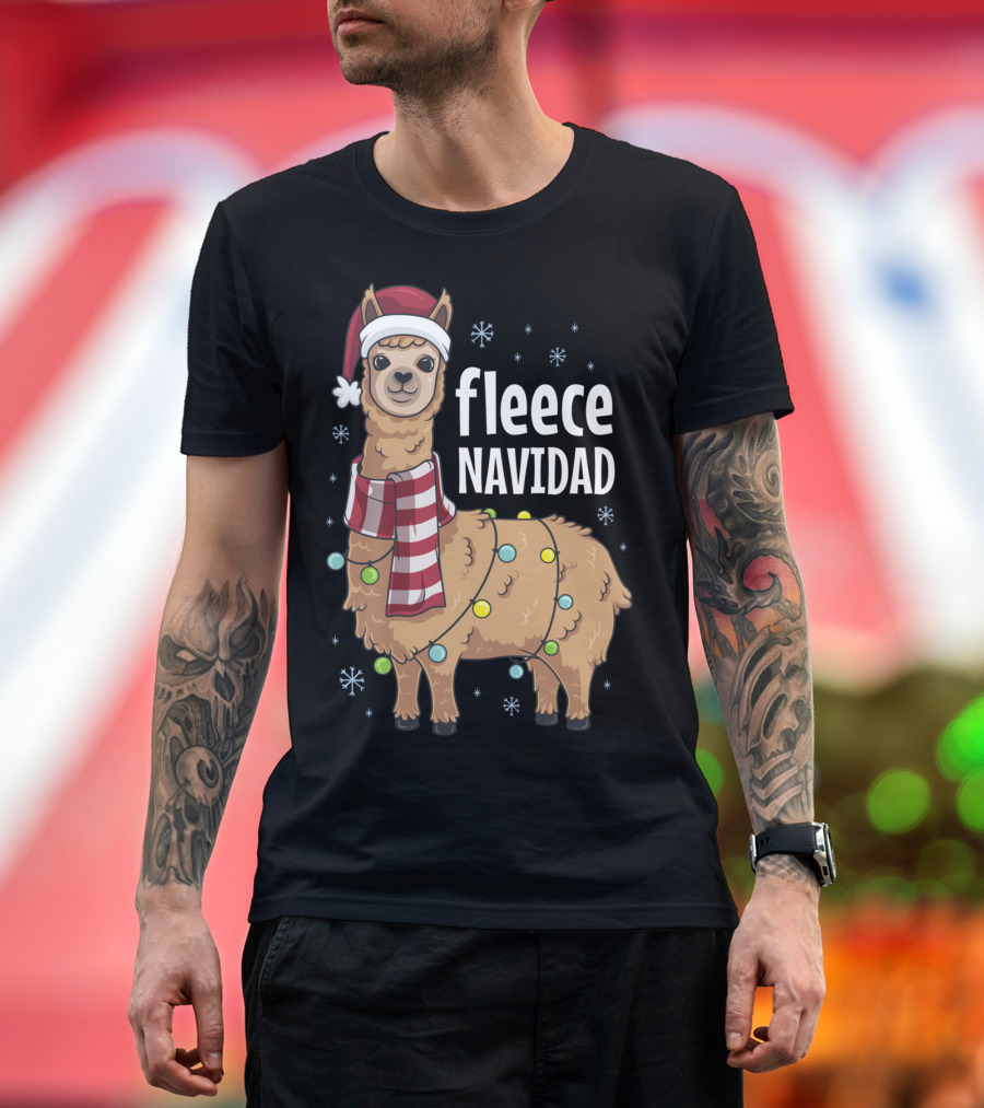 Fleece Navidad Funny Cute Llama Santa Hat Christmas Lights Snowflakes T-Shirt