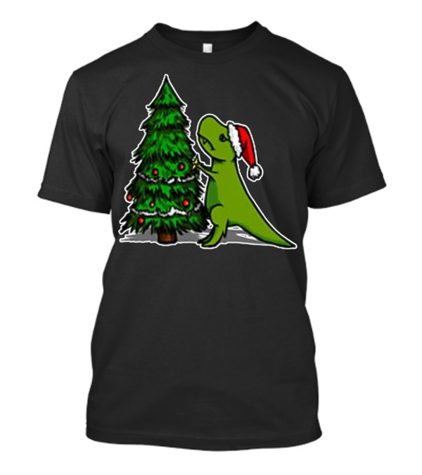 Funny Trex Dinosaur Struggling With Christmas Tree And Santa Hat T-Shirt