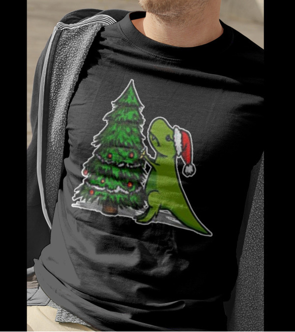 Funny Trex Dinosaur Struggling With Christmas Tree And Santa Hat T-Shirt
