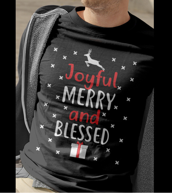 Joyful Merry And Blessed Reindeer Gift Holiday Spirit T-Shirt