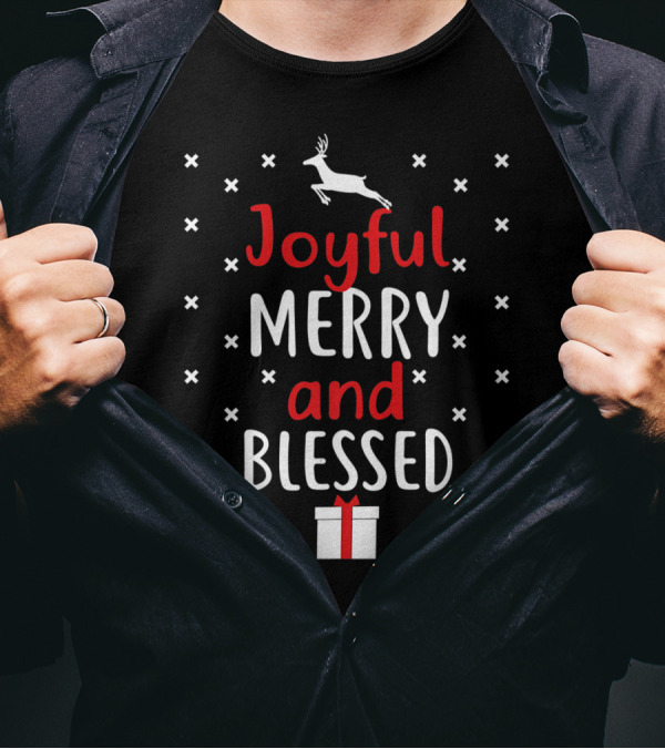Joyful Merry And Blessed Reindeer Gift Holiday Spirit T-Shirt