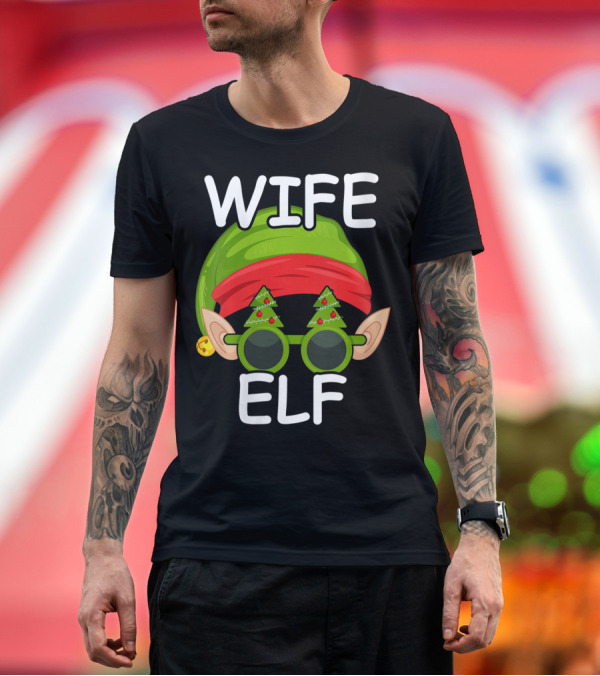Premium T-Shirt: Wife Elf Green Hat Christmas Tree Sunglasses Matching Family Group T-Shirt Wife Elf Green Hat Christmas Tree Sunglasses Matching Family Group T-Shirt