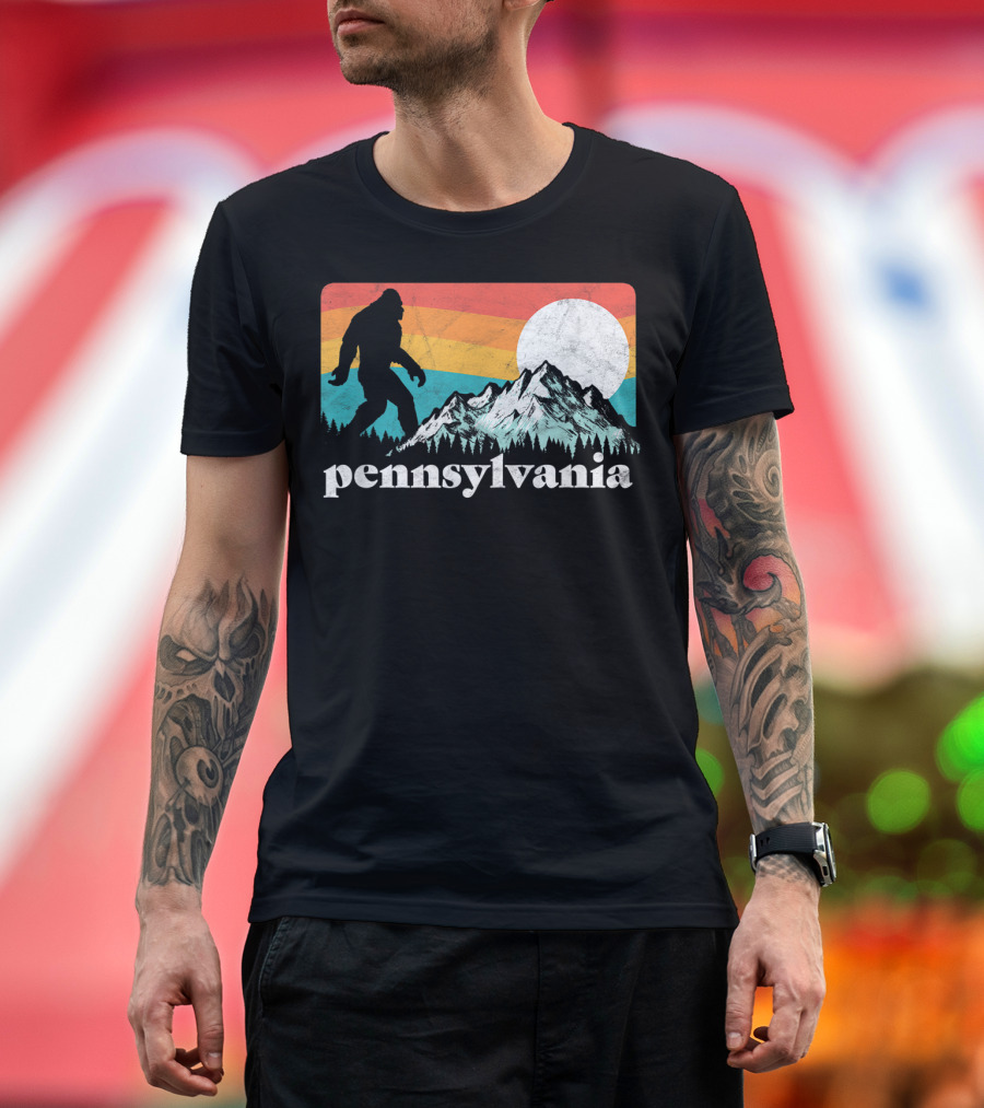 Pennsylvania Bigfoot Mountains Retro Sunset T-Shirt