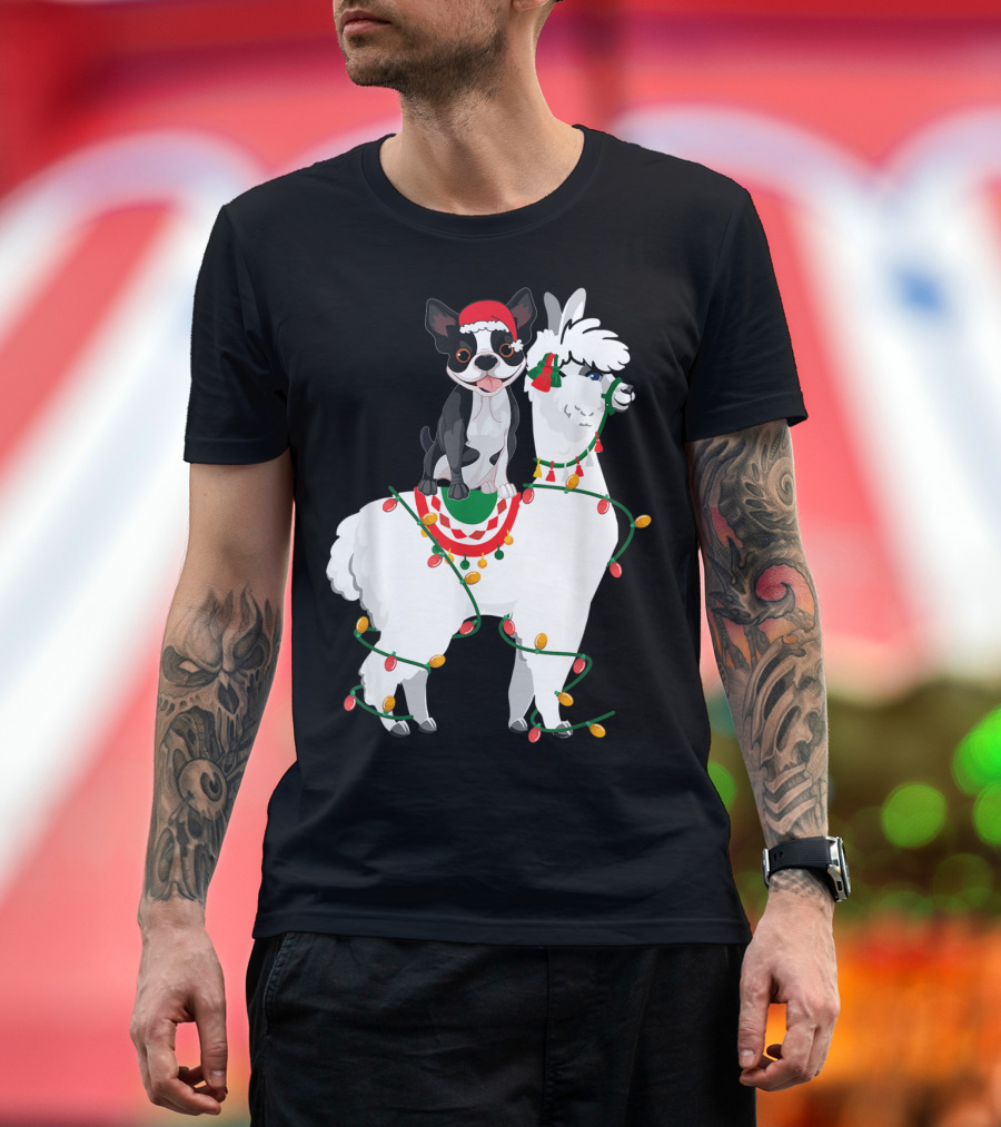 Boston Terrier in Santa Hat on Llama Wrapped in Christmas Lights T-Shirt