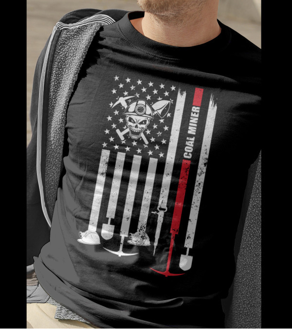 American Flag Skull Pickaxe Coal Miner T-Shirt