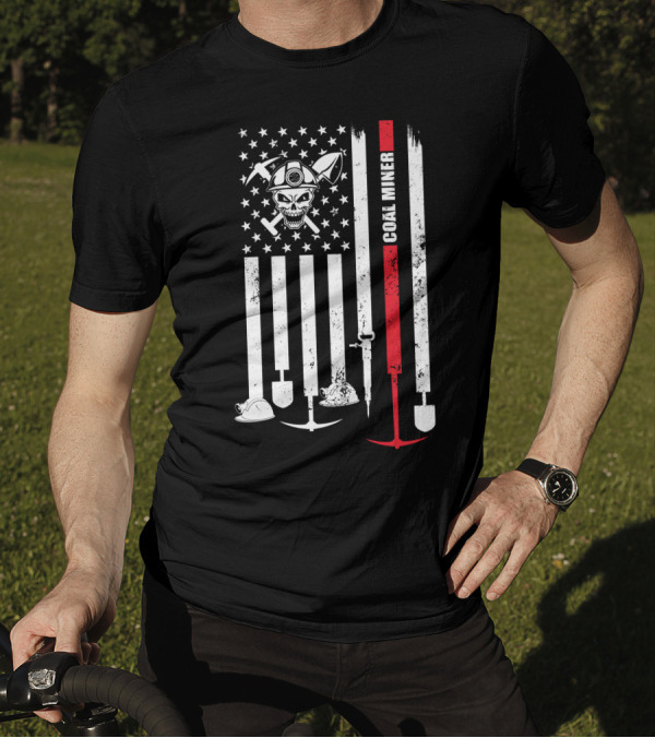 American Flag Skull Pickaxe Coal Miner T-Shirt