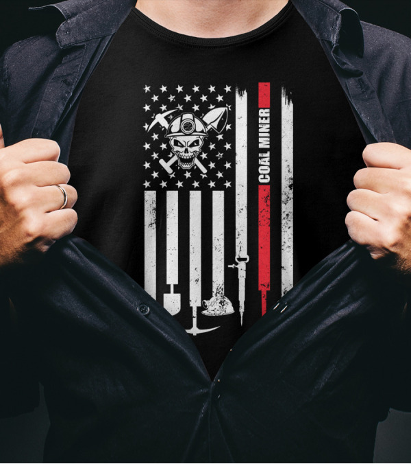 American Flag Skull Pickaxe Coal Miner T-Shirt
