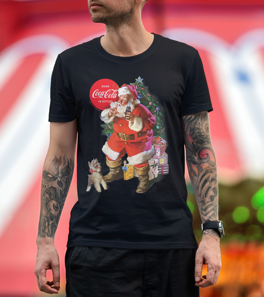 Drink Coca-Cola in Bottles Christmas Santa Claus with Puppy and Tree T-Shirt