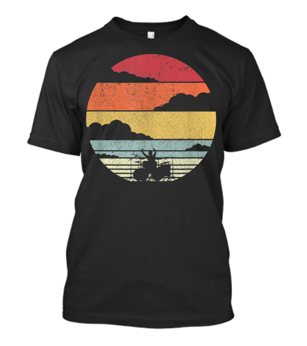 Retro Sunset Drummer Style Drum Player Ocean T-Shirt