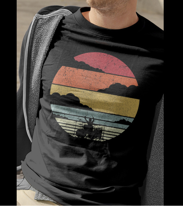 Retro Sunset Drummer Style Drum Player Ocean T-Shirt