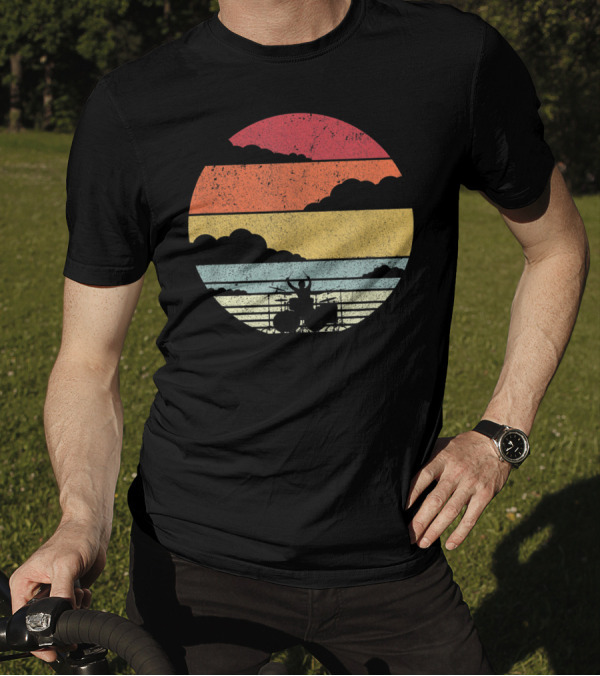 Retro Sunset Drummer Style Drum Player Ocean T-Shirt