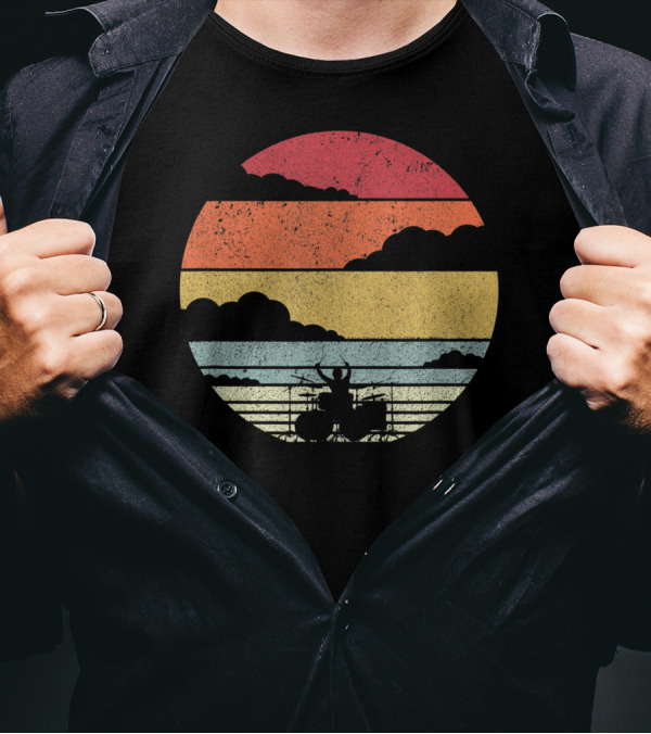 Retro Sunset Drummer Style Drum Player Ocean T-Shirt