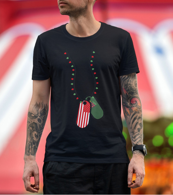 Premium T-Shirt: Military Dog Tags with Christmas Lights Patriotic USA T-Shirt Military Dog Tags with Christmas Lights Patriotic USA T-Shirt