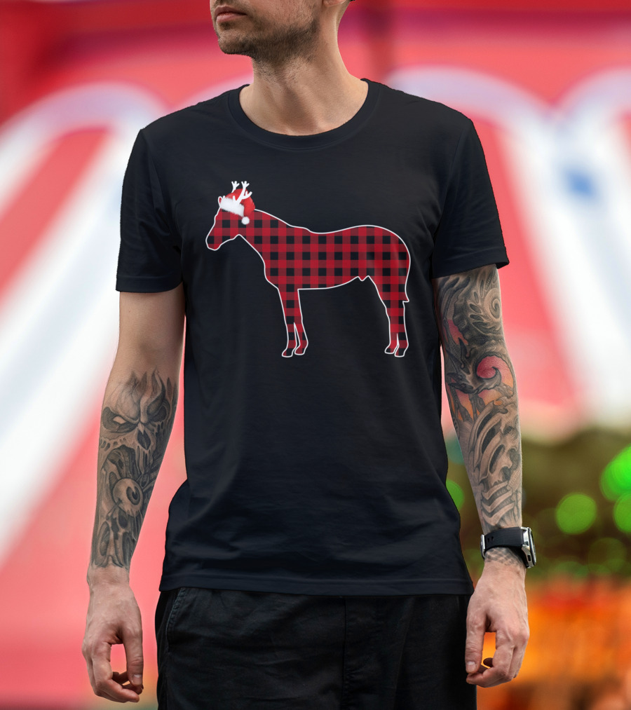 Red Buffalo Plaid Horse with Santa Hat and Antlers T-Shirt