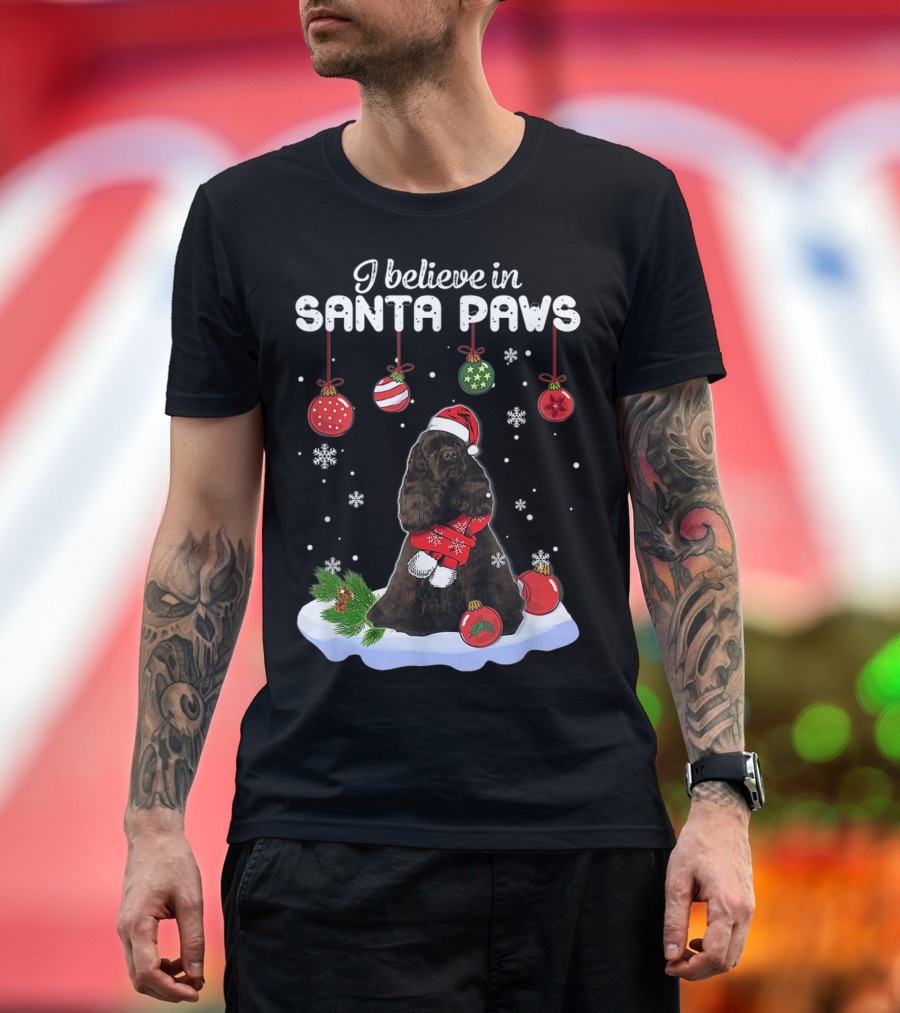 I Believe in Santa Paws Black American Cocker Spaniel Claus Dog T-Shirt