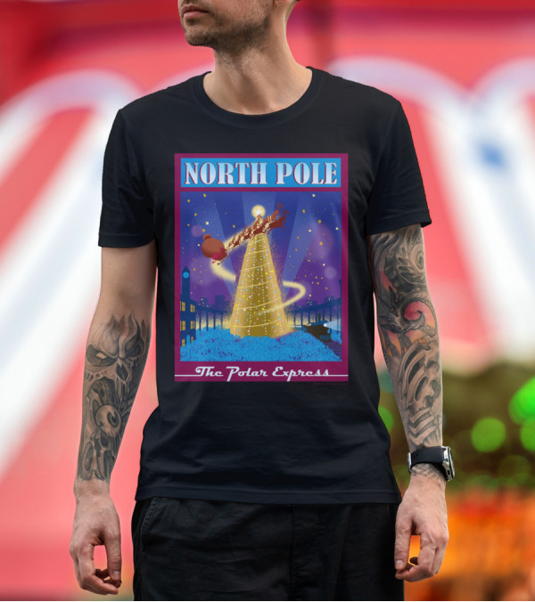 Premium T-Shirt: North Pole The Polar Express Santa Sleigh and Christmas Tree Scene T-Shirt North Pole The Polar Express Santa Sleigh and Christmas Tree Scene T-Shirt