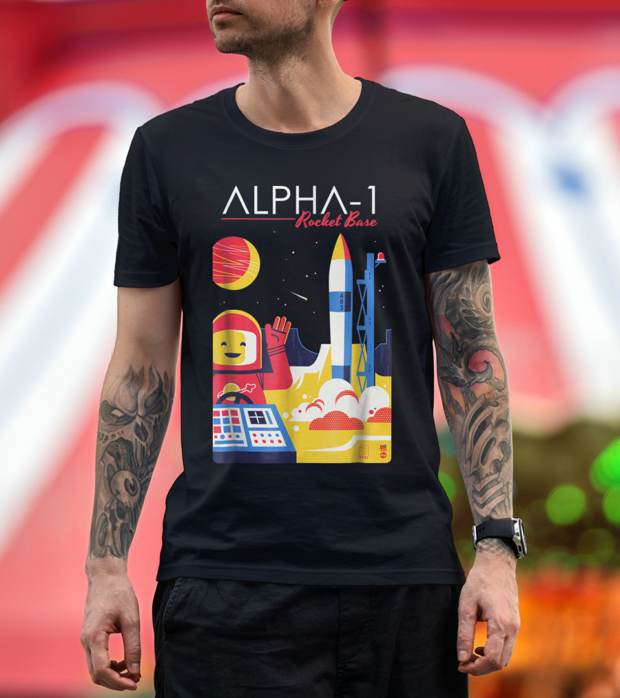 Alpha-1 Rocket Base Spaceman with Classic Brick Style and Launching Rocket Scene T-Shirt