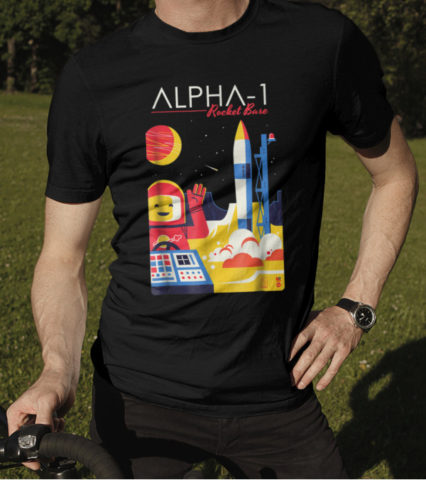 Alpha-1 Rocket Base Spaceman With Classic Brick Style And Launching Rocket Scene T-Shirt