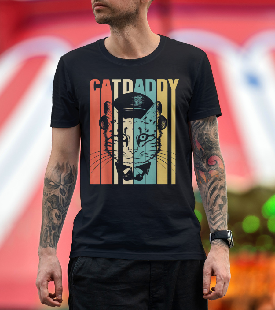 Cat Daddy Retro Stripes Cat Bow Tie Hipster T-Shirt