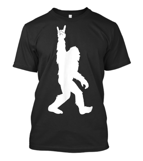 Funny Bigfoot Rock And Roll Sasquatch Silhouette With Rock On Hand Gesture T-Shirt