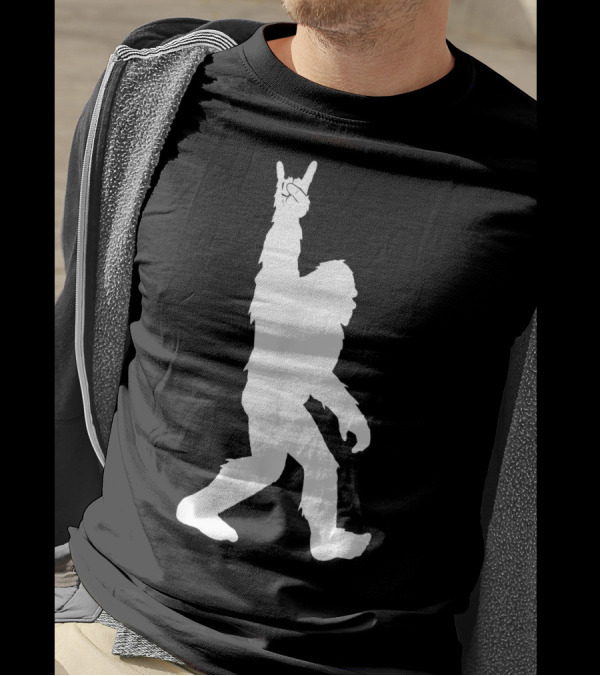 Funny Bigfoot Rock And Roll Sasquatch Silhouette With Rock On Hand Gesture T-Shirt