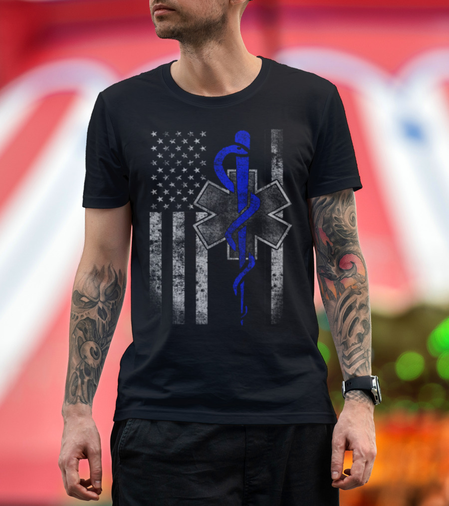 Twosided EMT First Responder Flag American Star of Life T-Shirt