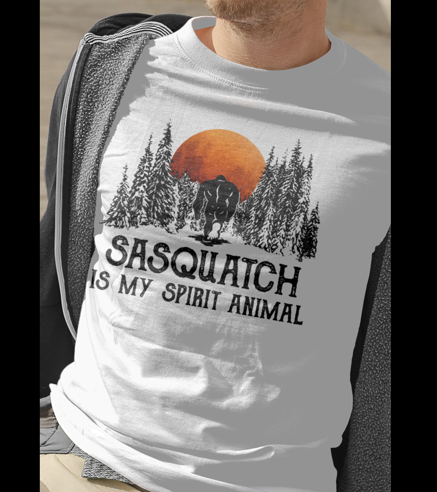 Sasquatch Is My Spirit Animal Forest Silhouette With Orange Moon T-Shirt