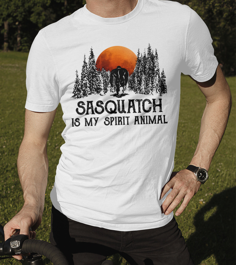 Sasquatch Is My Spirit Animal Forest Silhouette With Orange Moon T-Shirt
