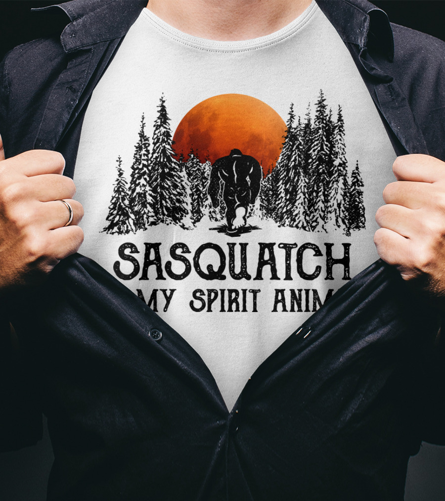 Sasquatch Is My Spirit Animal Forest Silhouette With Orange Moon T-Shirt