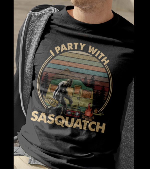I Party With Sasquatch Beer Campfire Retro Camper Boombox T-Shirt