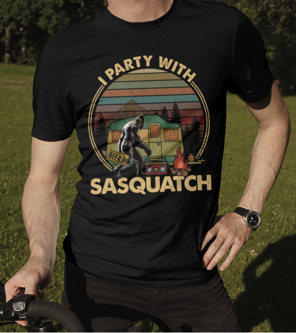 I Party With Sasquatch Beer Campfire Retro Camper Boombox T-Shirt