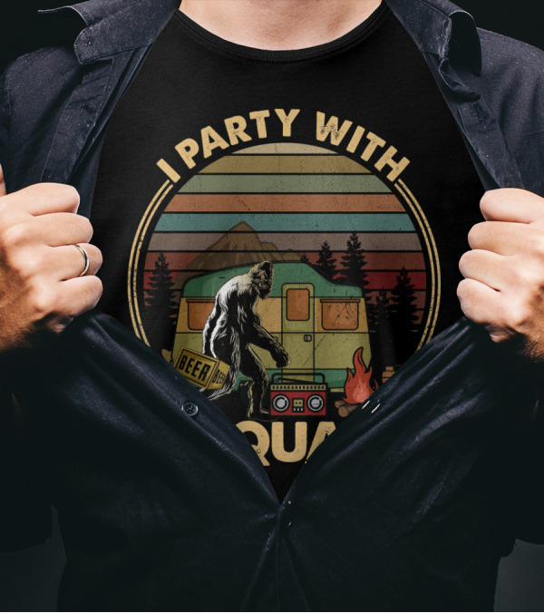 I Party With Sasquatch Beer Campfire Retro Camper Boombox T-Shirt