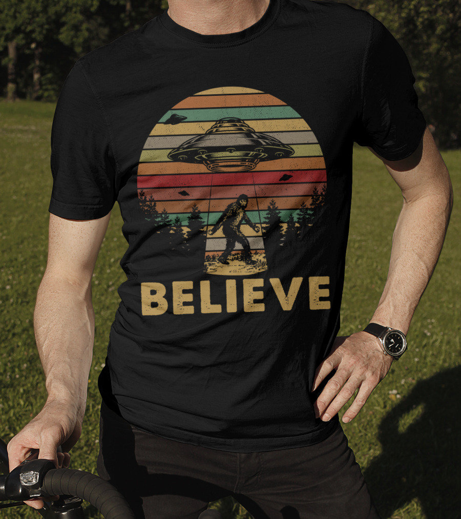 Believe Bigfoot UFO Vintage Stripes Forest Retro T-Shirt
