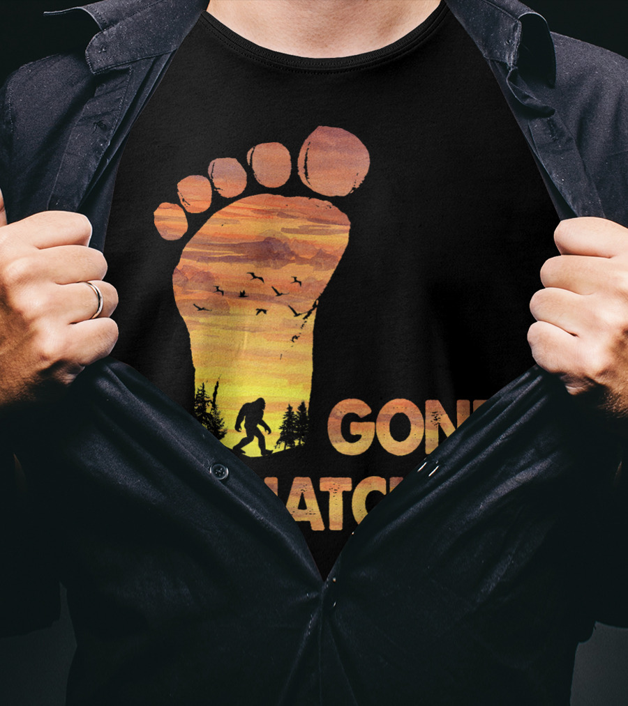 Bifoot Gone Squatchin Footprint Silhouette With Bigfoot And Mountain Sunset Scene T-Shirt