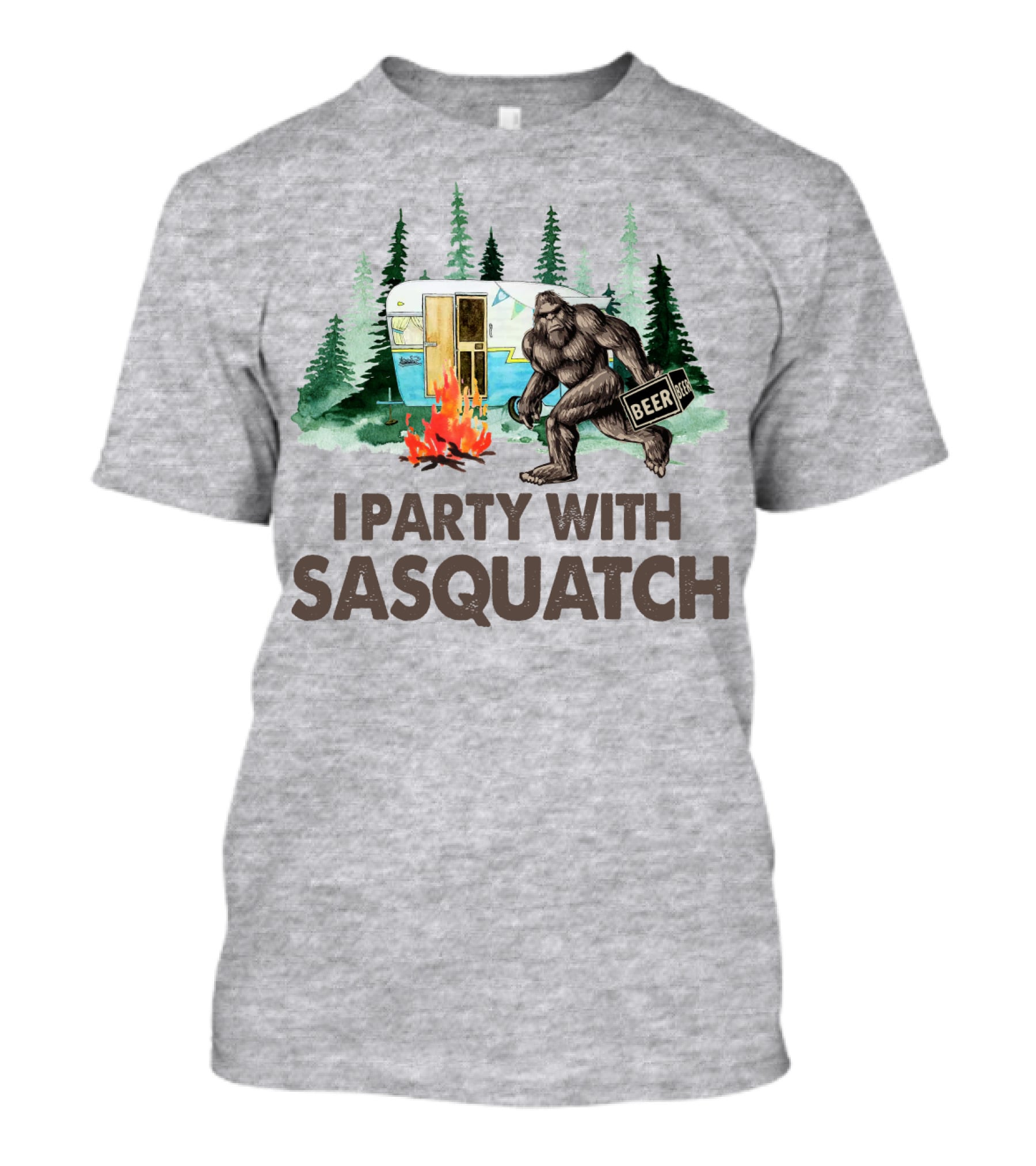 Beer I Party With Sasquatch Camper Fire Forest Scene T-Shirt