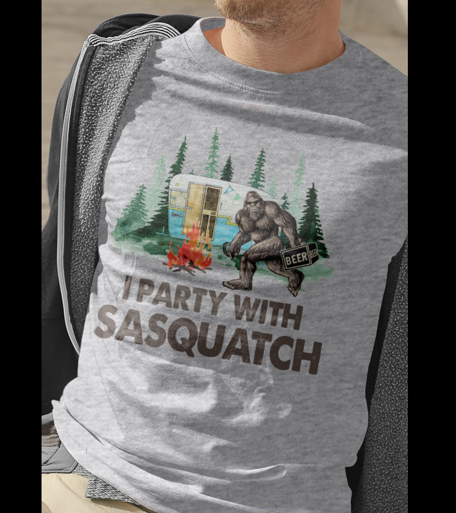 Beer I Party With Sasquatch Camper Fire Forest Scene T-Shirt