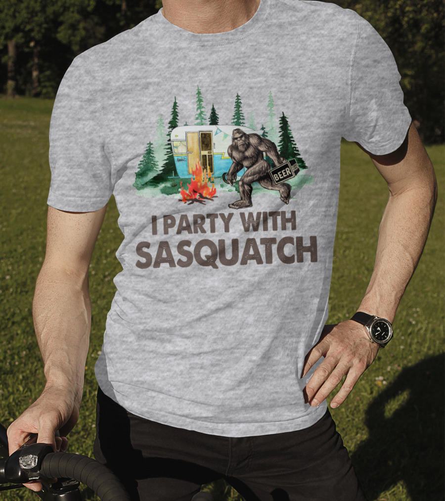 Beer I Party With Sasquatch Camper Fire Forest Scene T-Shirt