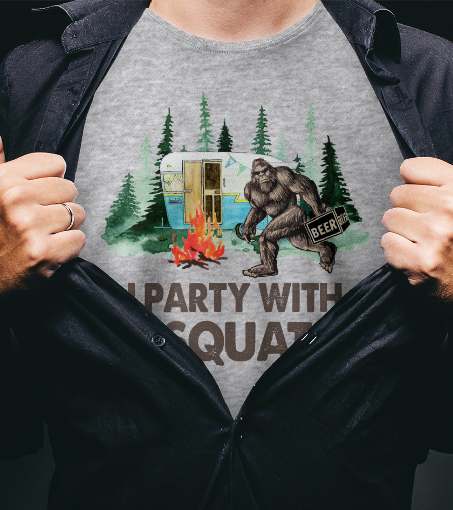 Beer I Party With Sasquatch Camper Fire Forest Scene T-Shirt
