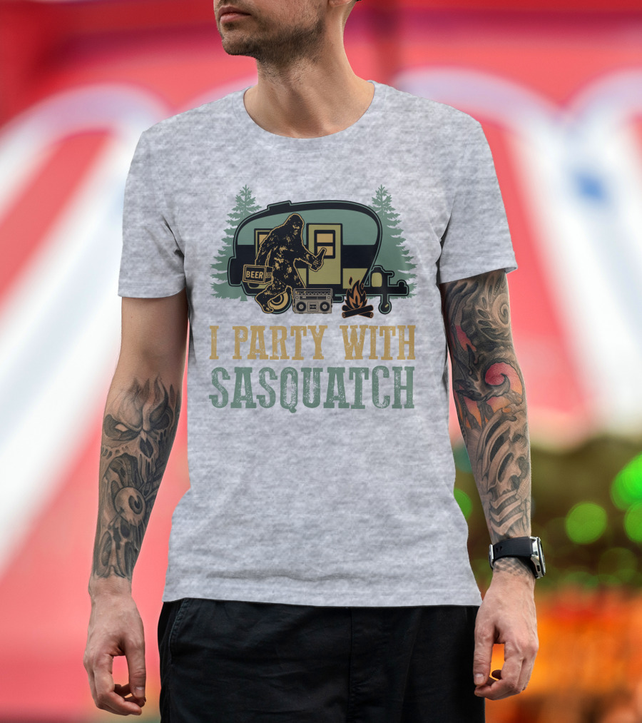 I Party with Sasquatch Beer Campfire Boombox Trailer Adventure T-Shirt