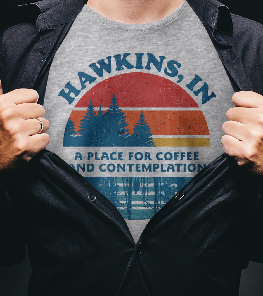 HAWKINS, IN A Place For Coffee And Contemplation Vintage Forest Sunset Circle T-Shirt